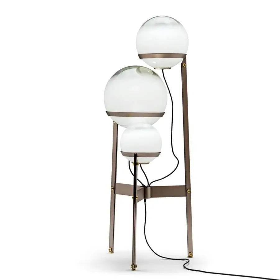 Superior Arketipo Bubble Bobble floor lamp with stacked white blown-glass lampshades and micaceous brown varnished metal frame