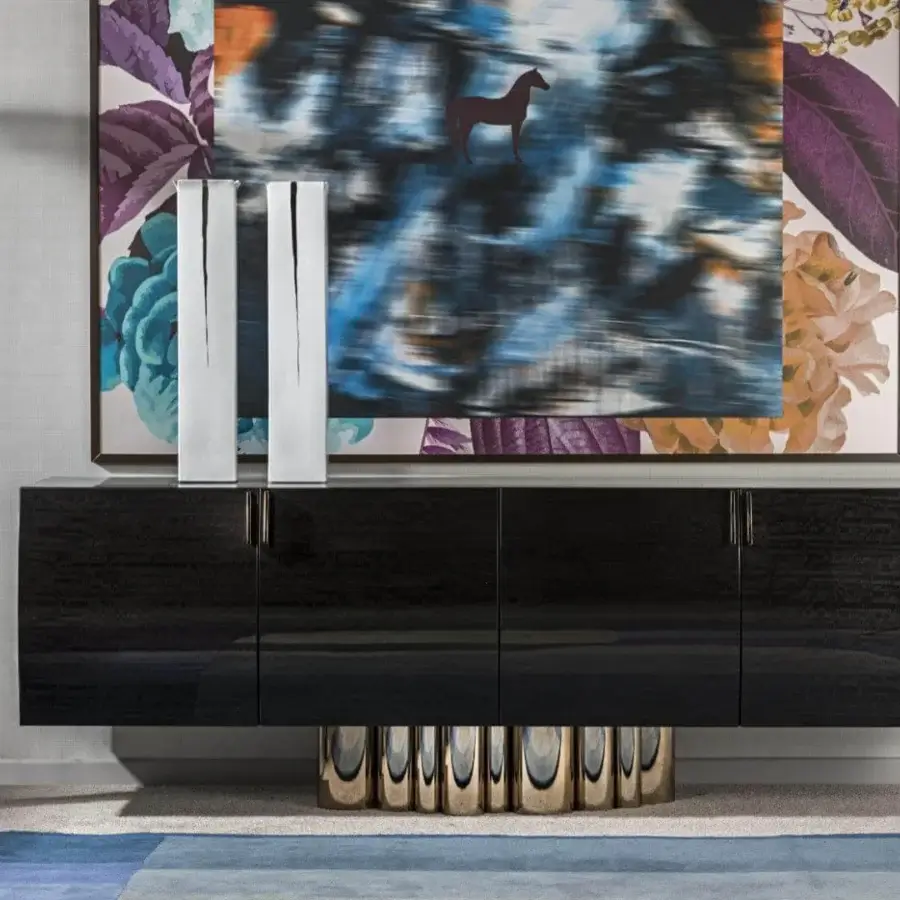 Elegant Costantini Pietro Splendor sideboard in luxurious Castagno Toscano with glossy finish and sleek metal handles supported by a stainless steel base