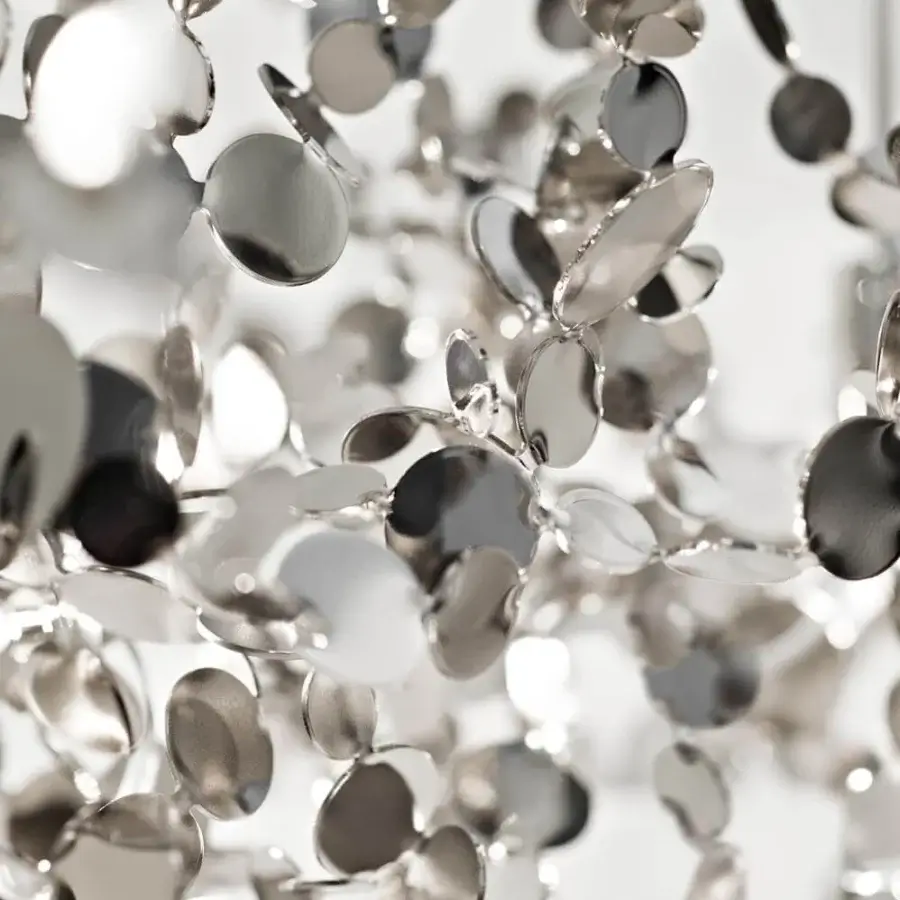 Exclusive Terzani Argent suspension lamp crafted in Italy with shimmering silver metal discs and a refined glow