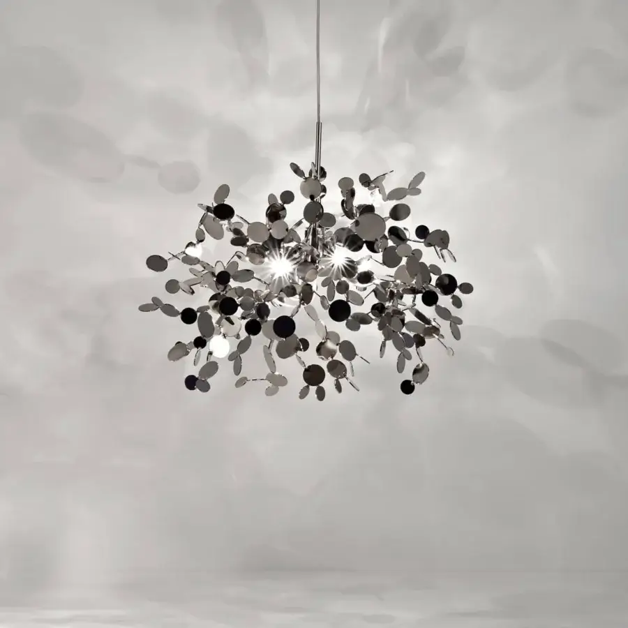Luxury Terzani Argent suspension lamp handcrafted in Italy from high-end metal discs with a polished silver finish
