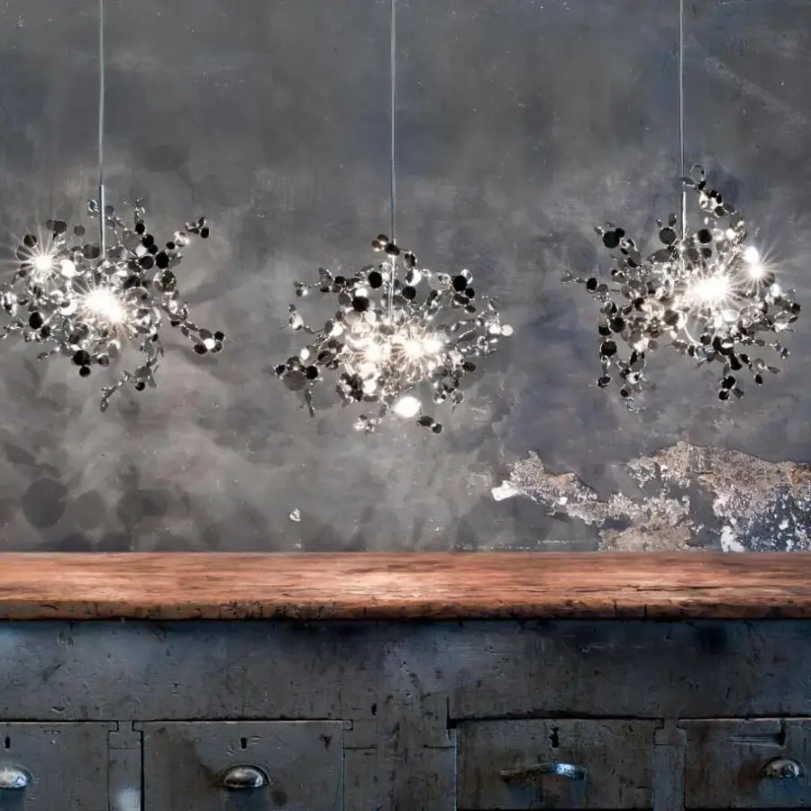 Superior Terzani Argent suspension lamp crafted in Italy with arranged reflective metal discs and polished finish