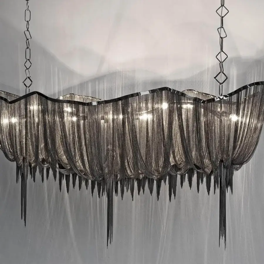 Distinguished Terzani Atlantis suspension lamp handcrafted in Italy with draping charcoal-toned metal chains creating a shimmering effect