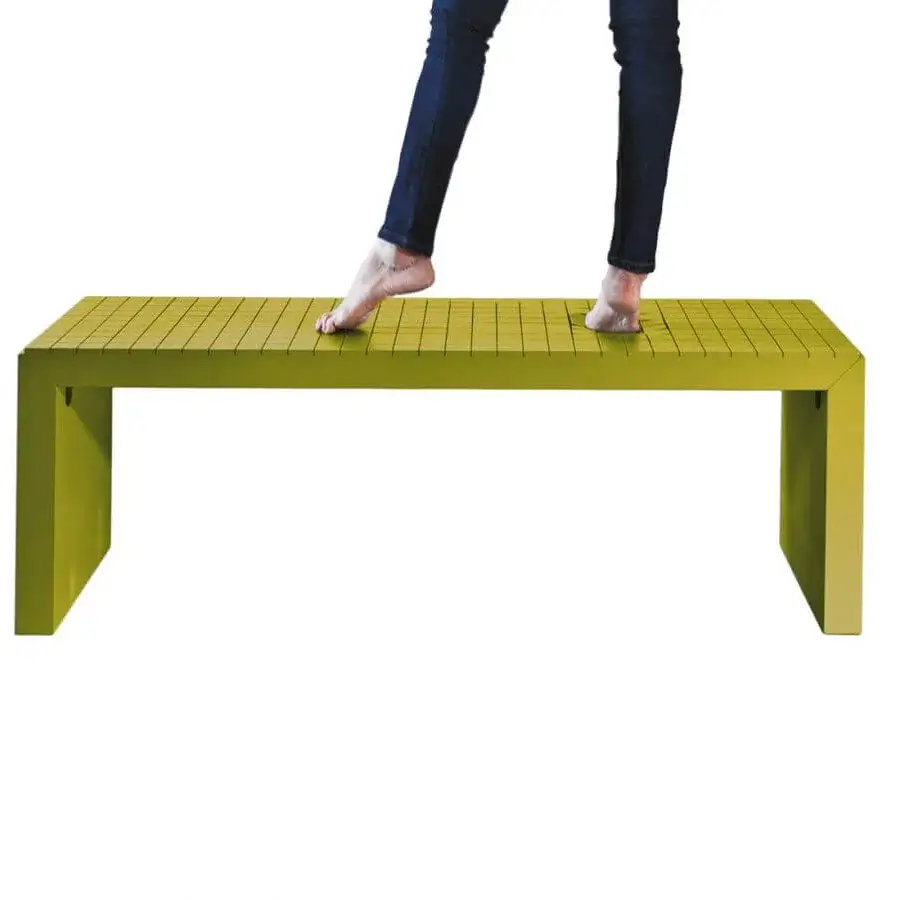 Superior Lago Soft bench crafted in yellow-green lacquered wood and foam with a smooth matte finish