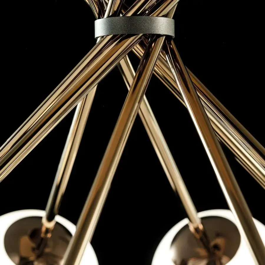 Superior Italamp Tea ceiling lamp with eight spherical satin blown glass diffusers and glossy golden finish