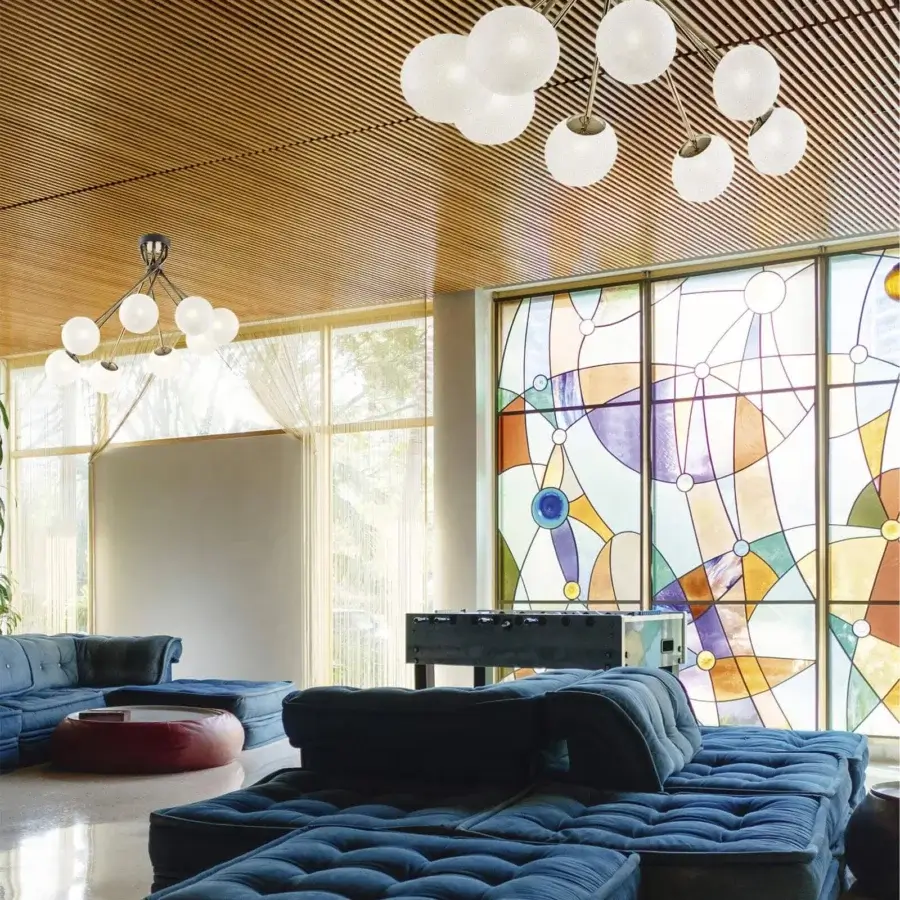 Exclusive Italamp Tea ceiling lamp with eight satin blown glass spherical diffusers supported by delicate metal stems