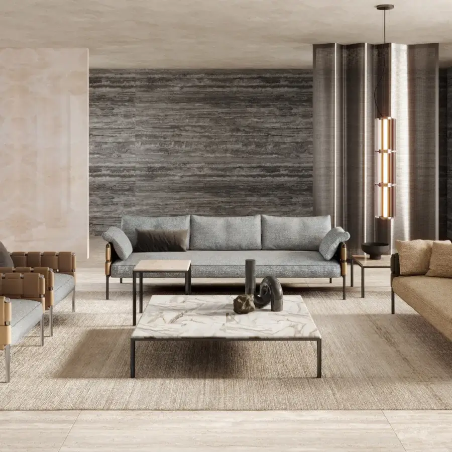 Captivating Turri Ratio lounge chair with light brown woven leather and luxurious gray textile cushions