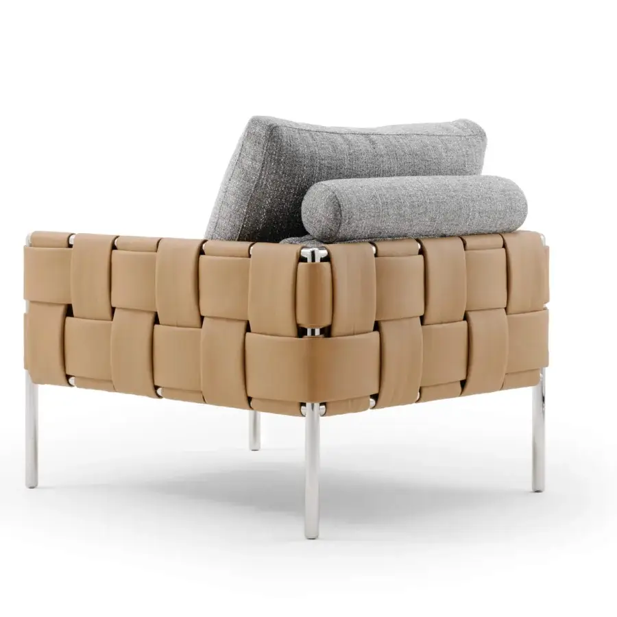 Lavish Turri Ratio lounge chair with woven light brown leather, gray seat cushion and cylindrical metal legs