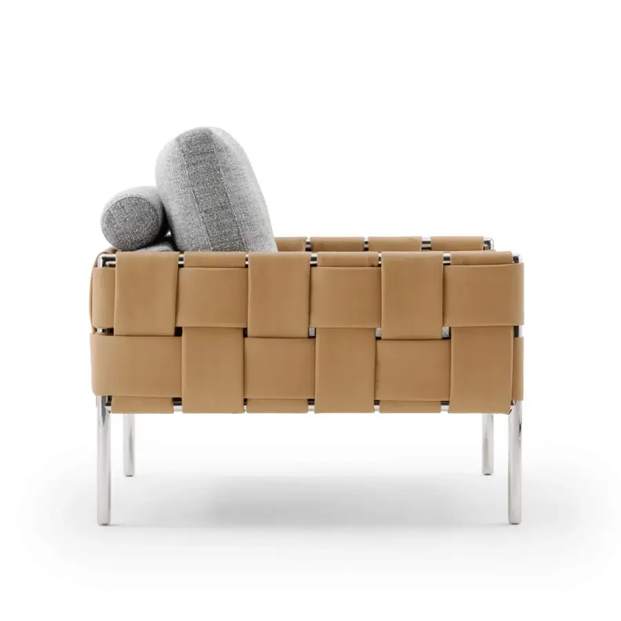 Exceptional Turri Ratio lounge chair with woven tan leather and contrasting textile seat, built with a visible metal frame