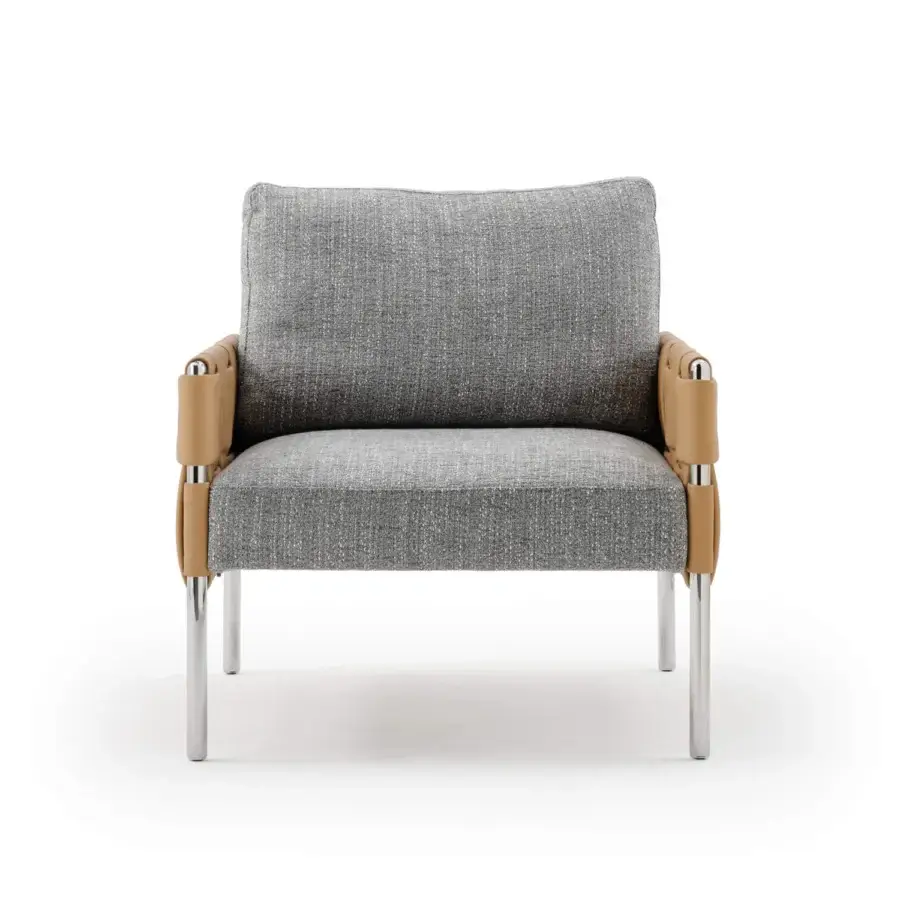 Superior Turri Ratio lounge chair with woven light brown leather armrests and textured gray textile upholstery