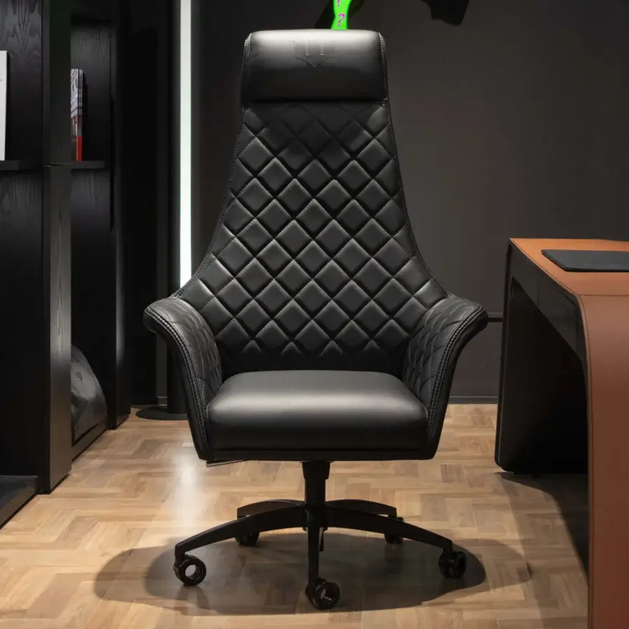 Exclusive WAYNE Enterprises WE-173 office chair with black leather upholstery and quilted armrests in a matte finish