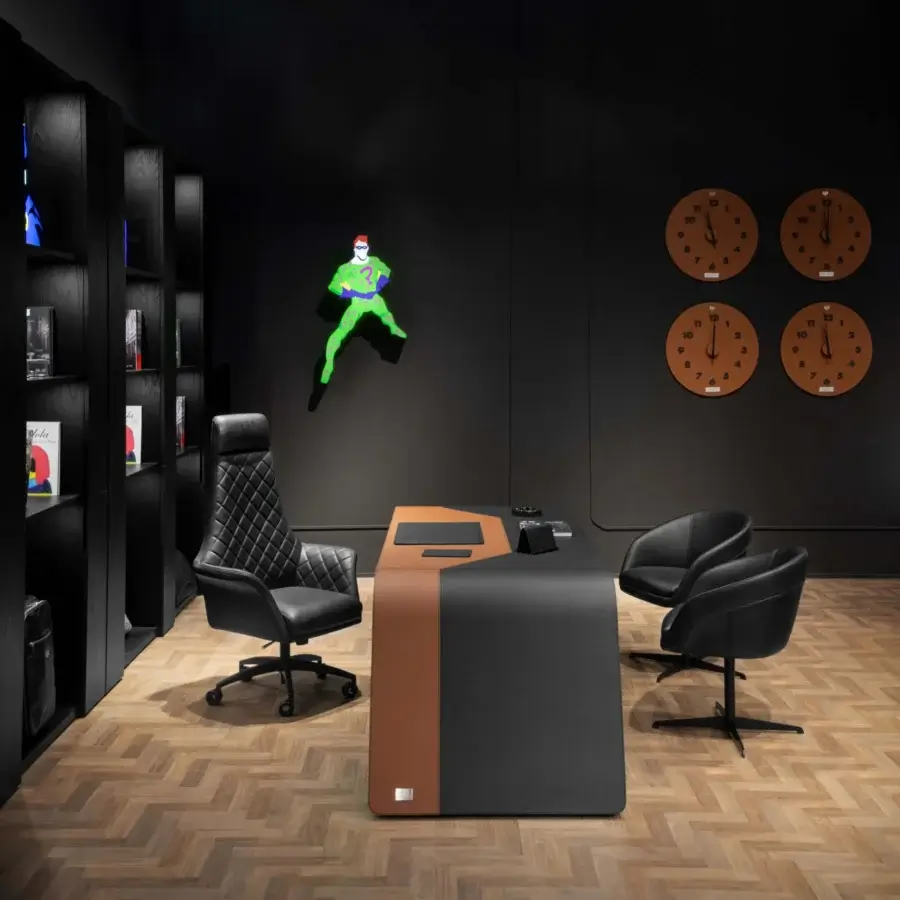 Superior WAYNE Enterprises WE-173 office chair with black leather upholstery and distinctive matellassé stitching, built in Italy