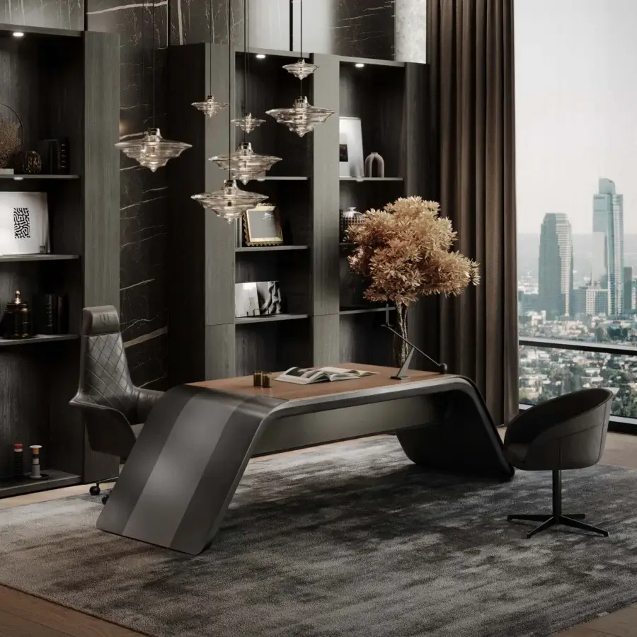Distinguished WAYNE Enterprises WE-173 office chair with dark gray fabric and matellassé stitching, built on a swivel metal base