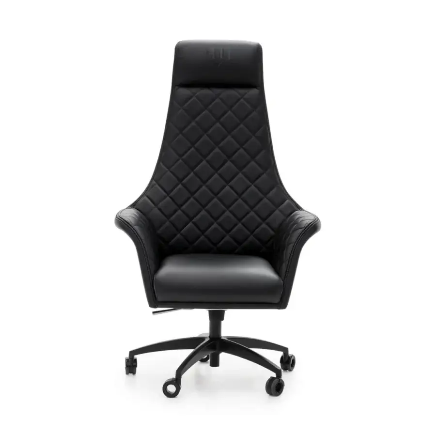 Exclusive WAYNE Enterprises WE-173 office chair in premium black leather with matellassé stitching and adjustable metal swivel base