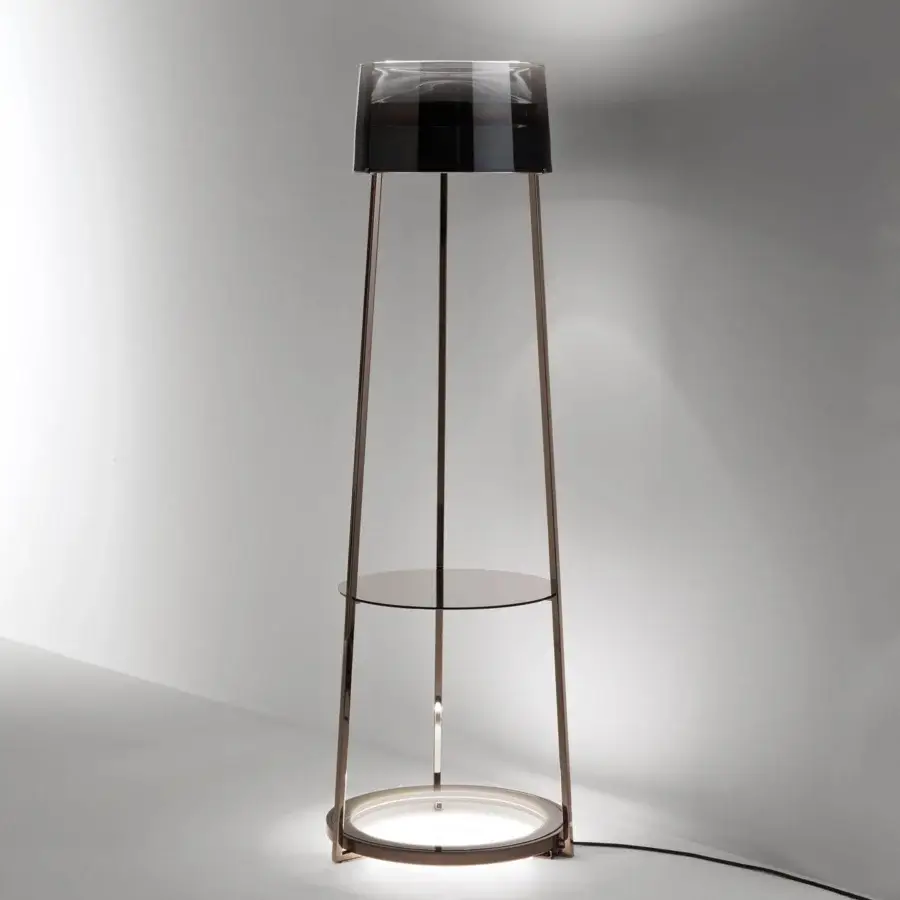 Distinguished Italamp Antea floor lamp with a titanium shaded blown glass diffuser and iron grey metal structure crafted with smoked glass shelves