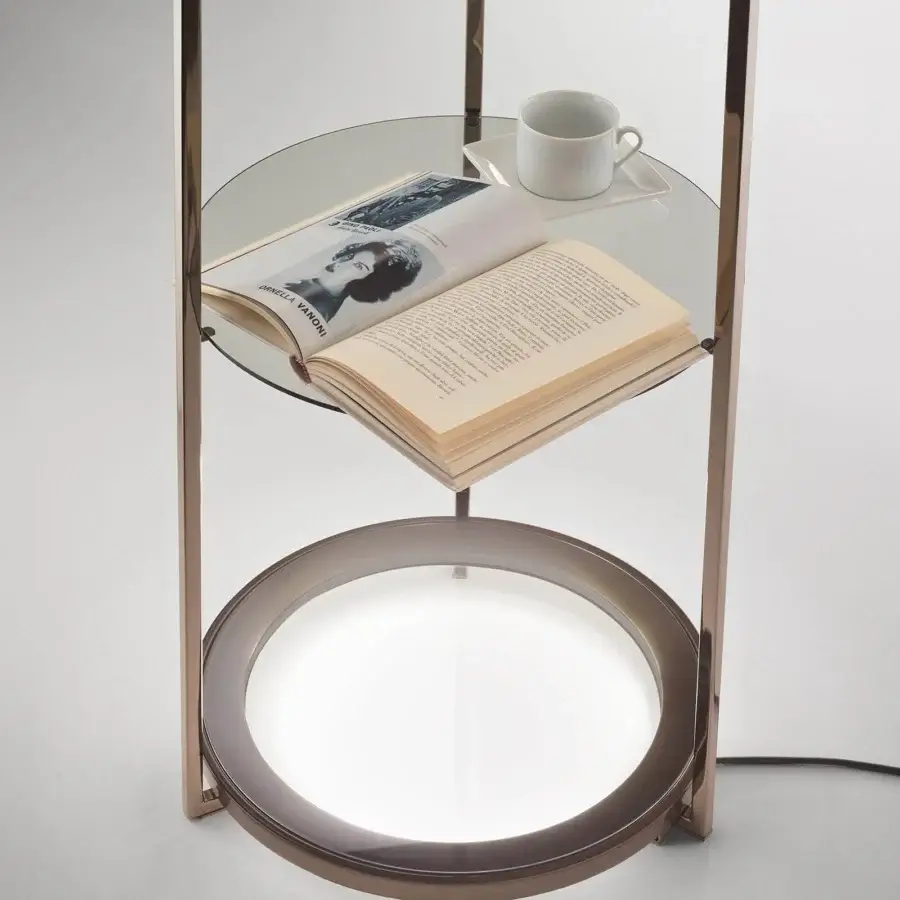 Distinguished Italamp Antea floor lamp with smoked glass shelves and titanium shaded blown glass diffuser in iron grey metal