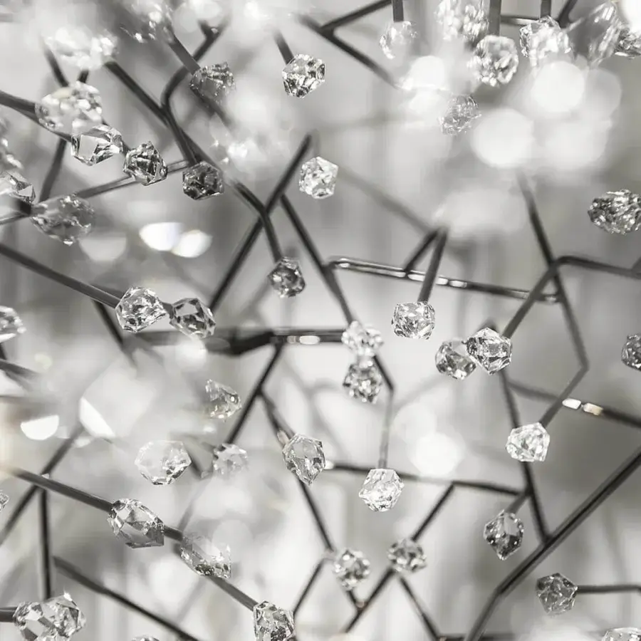 Exceptional Terzani Core suspension lamp with a spherical design built in dark metal and faceted clear crystals