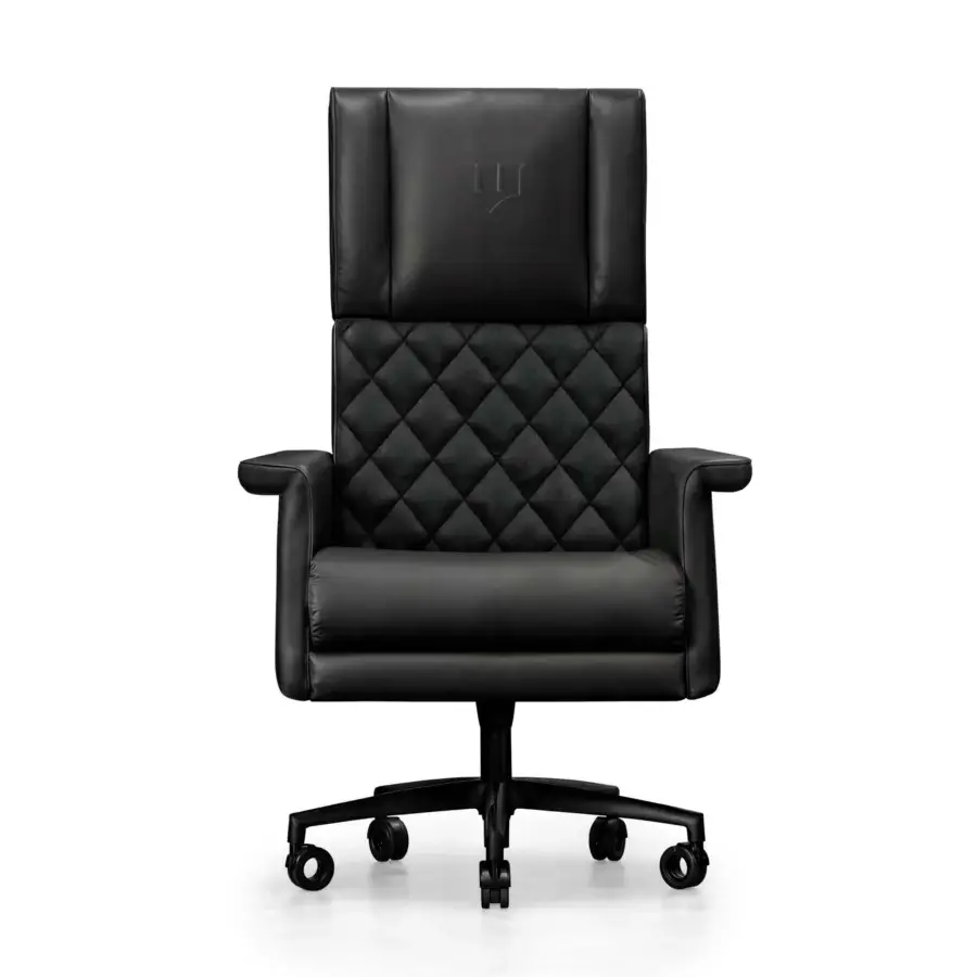 Wayne office chair, black leatherette, diamond-quilted high back with polished metal base and five-star swivel casters, ergonomic armrests.
