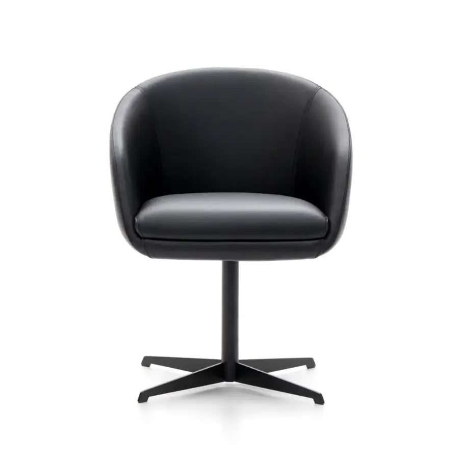 Superior Wayne Enterprises WE-137 armchair with rounded silhouette upholstered in smooth black fabric and matte metal swivel base