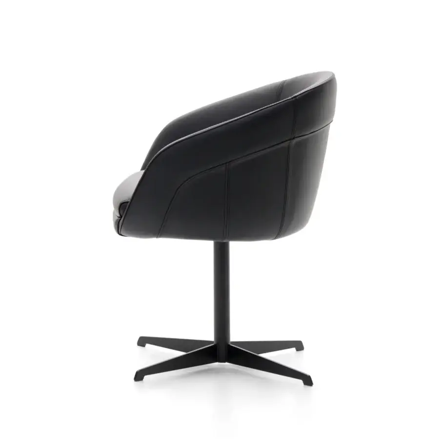 Elegant WAYNE Enterprises WE-137 armchair with rounded silhouette upholstered in smooth black leather and sleek black metal swivel base