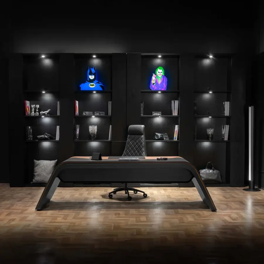 Superior WAYNE Enterprises WE-171 bookcase with wood veneer, matte black finish and integrated LED lighting