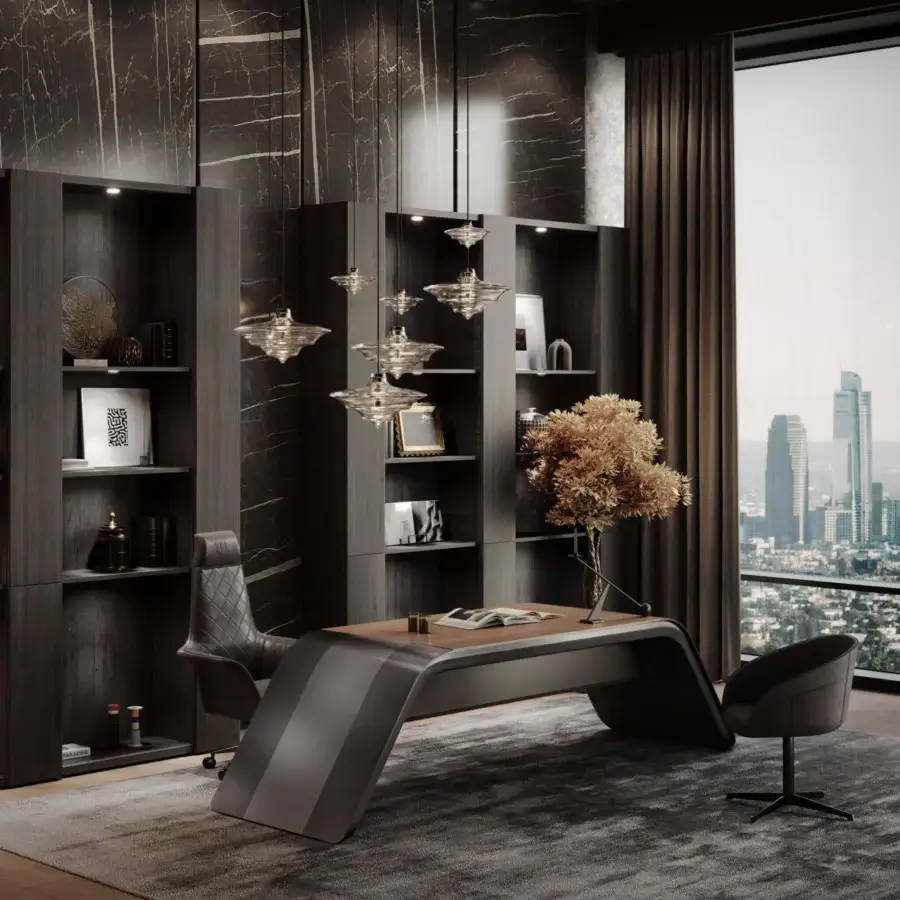 Captivating WAYNE Enterprises WE-171 bookcase crafted with dark wood veneer, integrated lighting and a stained finish