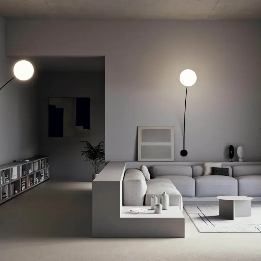 Superior Italamp Filo wall lamp with a white blown glass sphere balanced by a sleek black metal arm