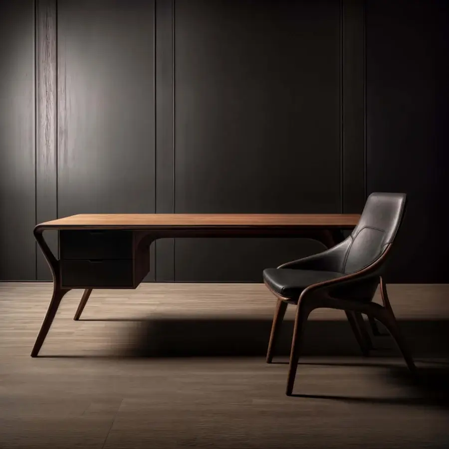 Superior Wayne Enterprises WE-026 desk with wood veneer top and solid wood legs in a rich dark brown finish paired with a black leather two-drawer unit