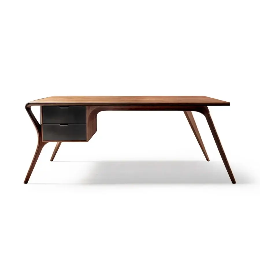 Elegant WAYNE Enterprises WE-026 desk with medium brown wood veneer top and matte dark gray premium leather drawer fronts
