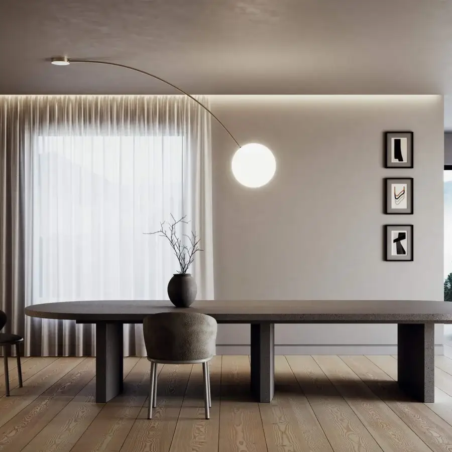 Elegant Italamp Filo ceiling lamp with a sweeping matte metal arm and spherical white blown glass diffuser