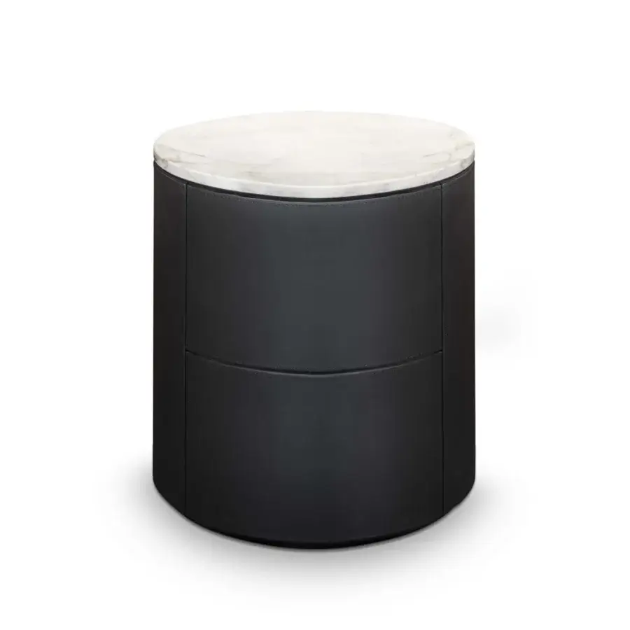 Exceptional WAYNE Enterprises WE-076 nightstand with dark gray leather and a lacquered base supporting a marble top