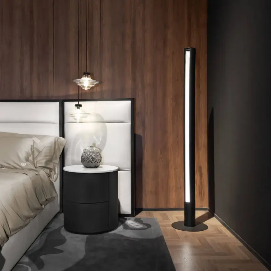 Exceptional Wayne Enterprises WE-076 nightstand with a marble top, lacquered base and leather-clad structure in bright white and dark gray finish