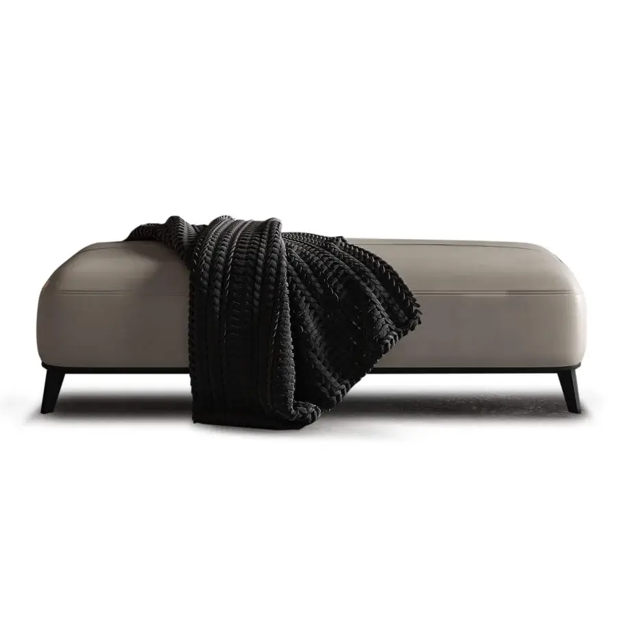 Exceptional WAYNE Enterprises WE-077 bench with muted gray-beige leather-like upholstery and subtly contrasting dark wood veneer legs