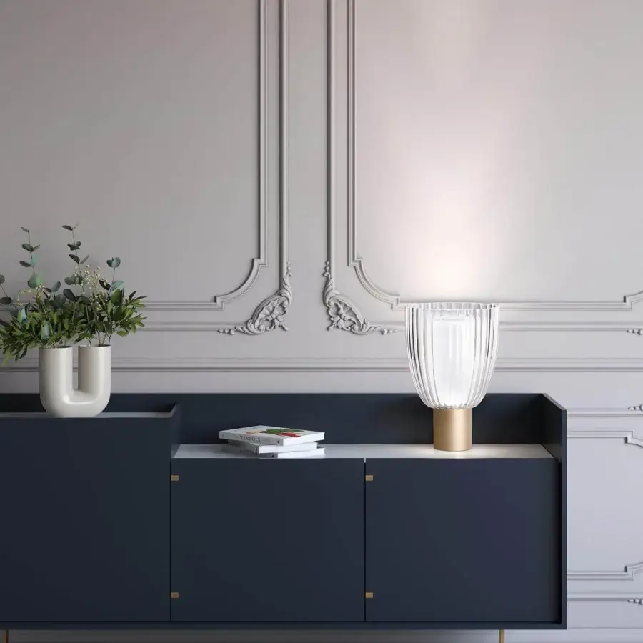 Distinguished Italamp Universale table lamp with clear crystal and satin blown glass in gold-colored metal with a glossy finish