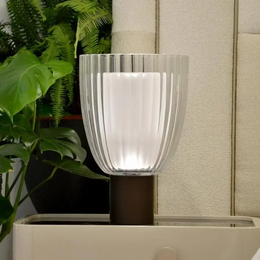 Elegant Italamp Universale table lamp with carved crystal and satin blown glass diffusers in a dark brown metal base