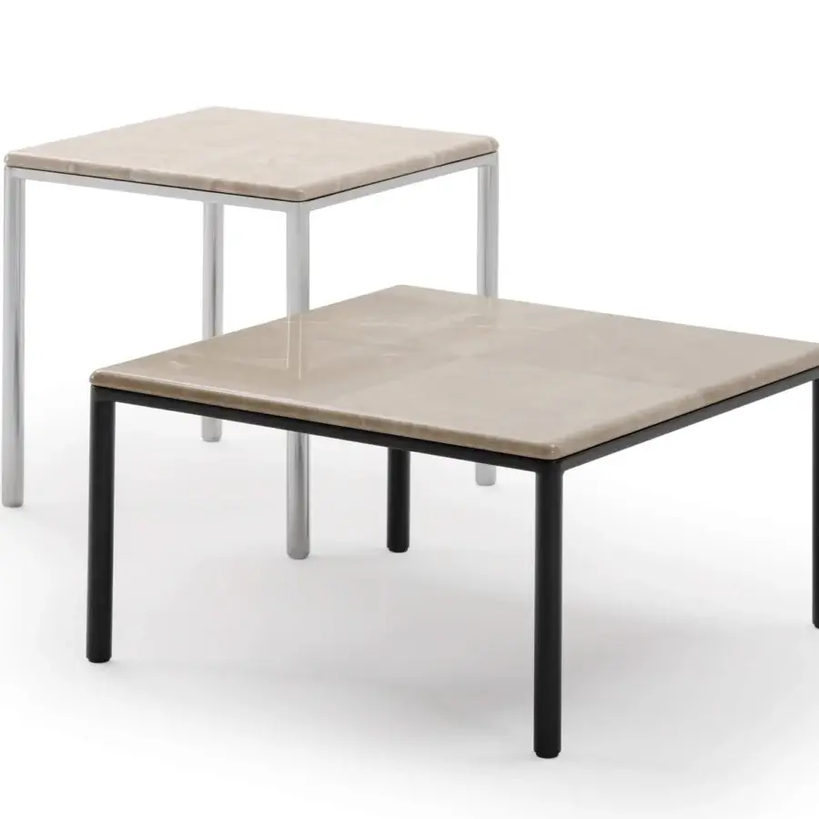 Sophisticated Turri Ratio side table with light beige marbled top and dark metal frame exhibiting sleek lines