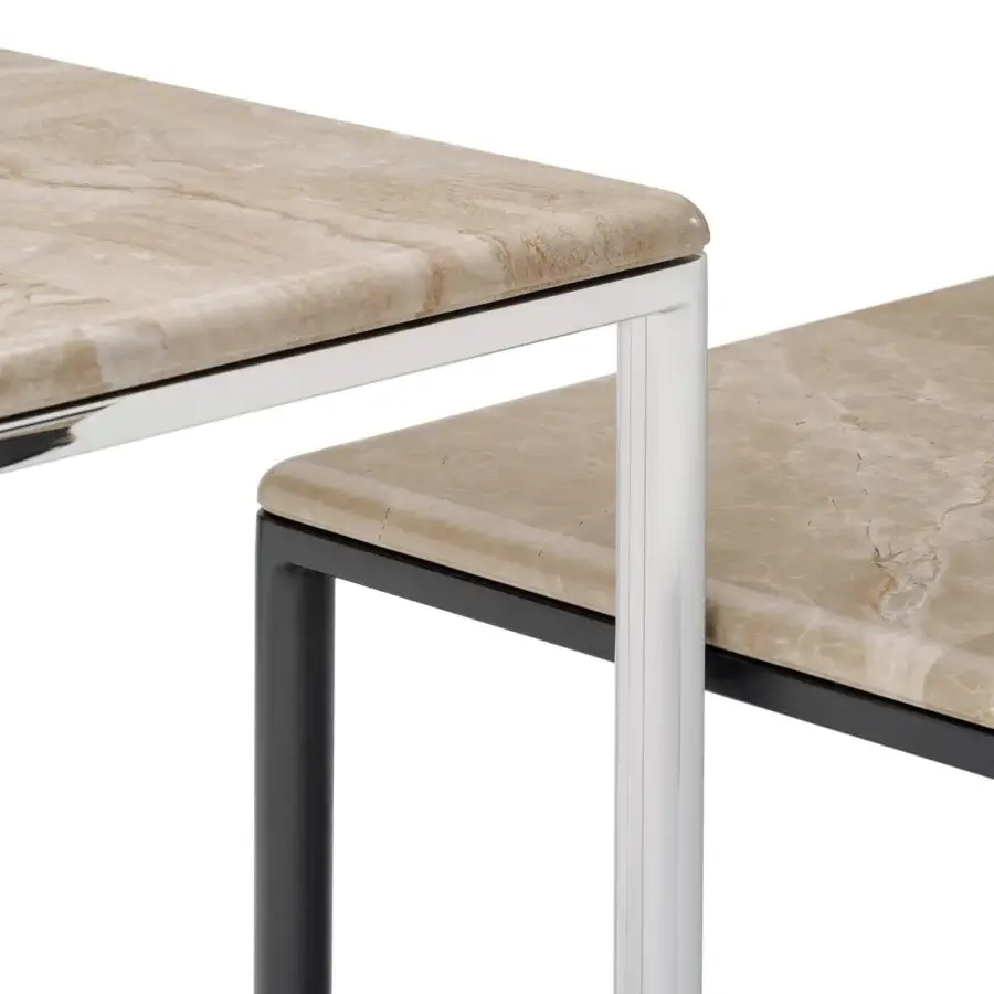 Exceptional Turri Ratio side table with a light beige marble-like top and chrome-finished metal structure