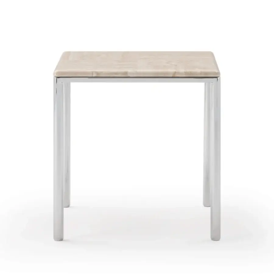 Superior Turri Ratio side table with a light beige marble top displaying a subtle patchwork and glossy silver tone metal structure