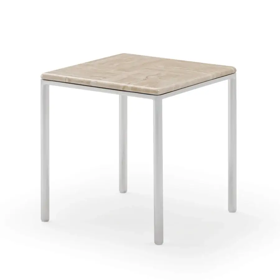 Elegant Turri Ratio side table with a white metal structure and beige tan patchwork marble top