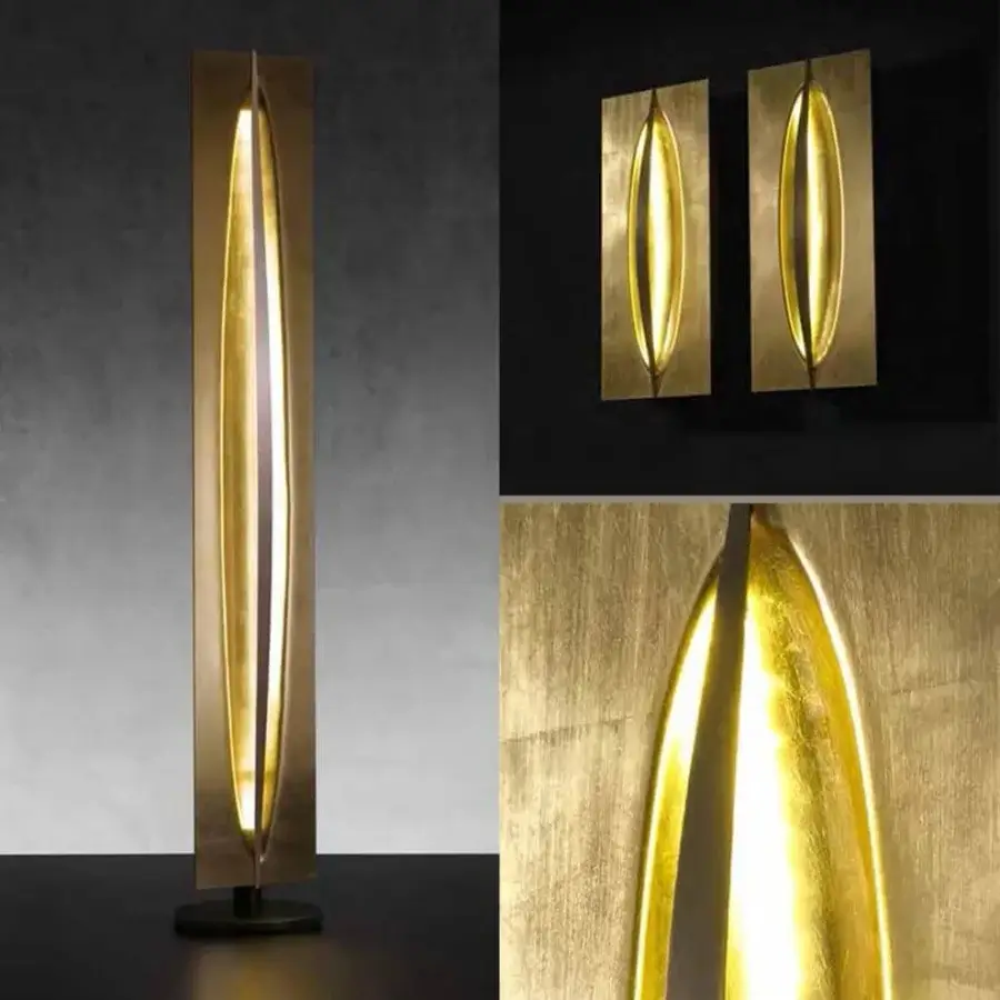 Distinguished Reflex Terra floor lamp with burnished brass, gold leaf glass, and etched lacquered glass base