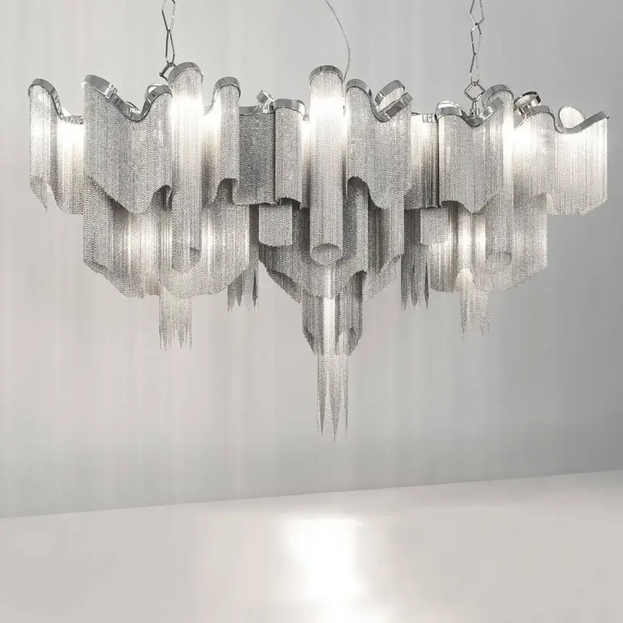 Exclusive Terzani Stream suspension lamp with cascading polished metal chains and undulating metal frame crafted in Italy