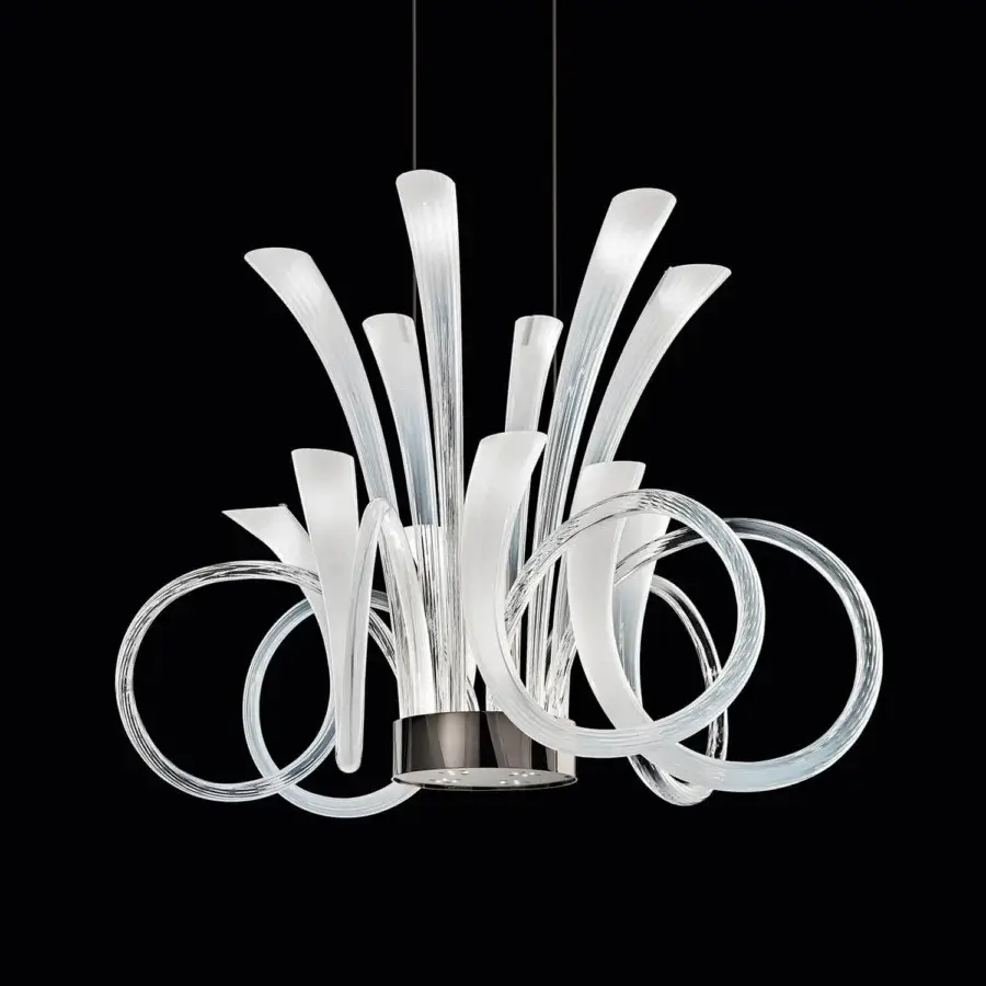 Superior Italamp Pulsa suspension lamp with fluted blown glass in white and light gold metal structure
