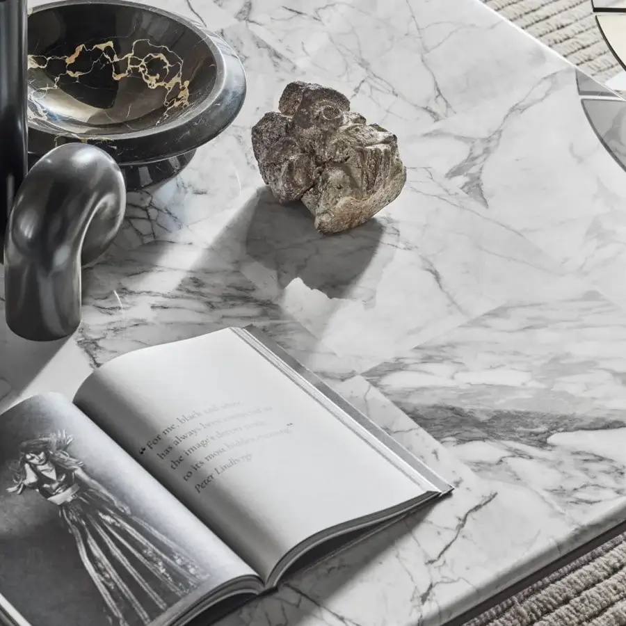 Superior Turri Ratio coffee table with a refined marble top displaying distinctive gray veins and a thin metal structure