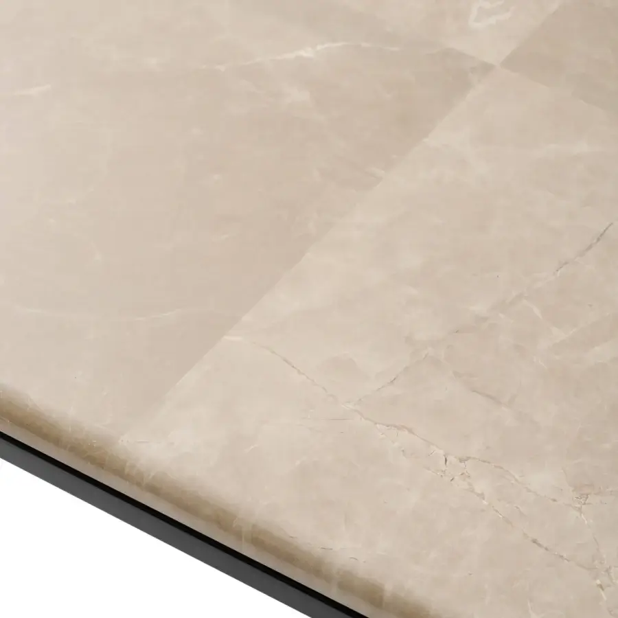 Superior Turri Ratio coffee table with a dark metal structure supporting a beige patchwork marble top crafted in Italy