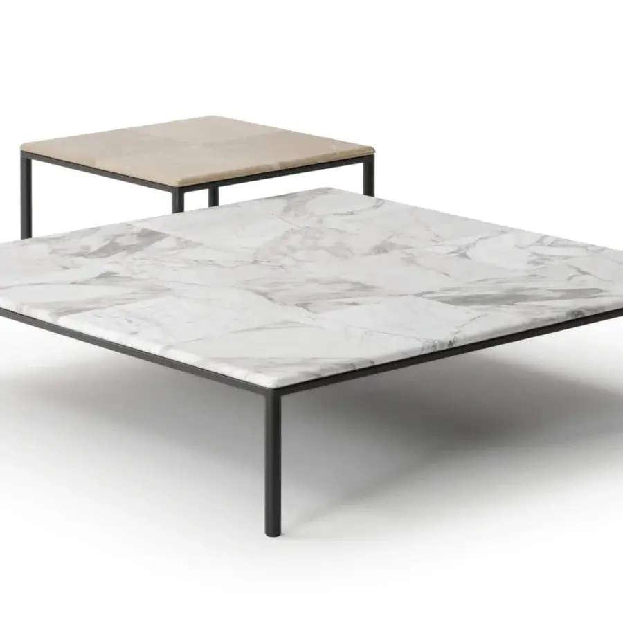 Exclusive Turri Ratio coffee table with a dark metal structure and layered marble surfaces in white and gray tones