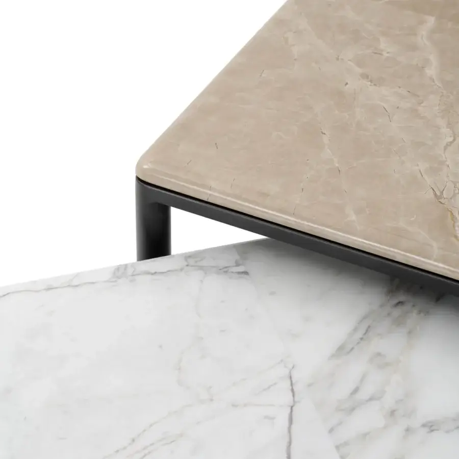 Elegant Turri Ratio coffee table with a dark matte metal frame and patchwork white marble top with grey veining