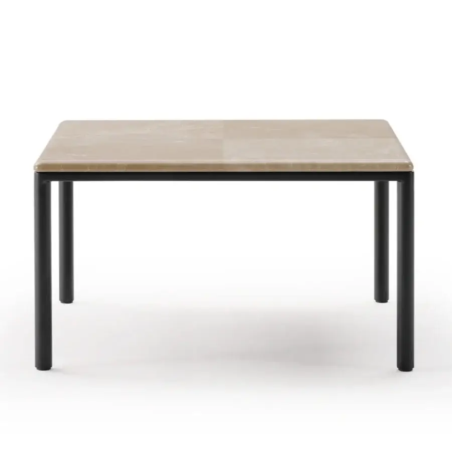 Distinguished Turri Ratio coffee table with a light beige patchwork marble top and slender dark metal legs