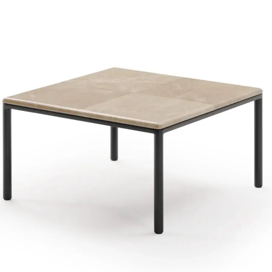 Exclusive Turri Ratio coffee table with a light brown marble top and thin black metal structure