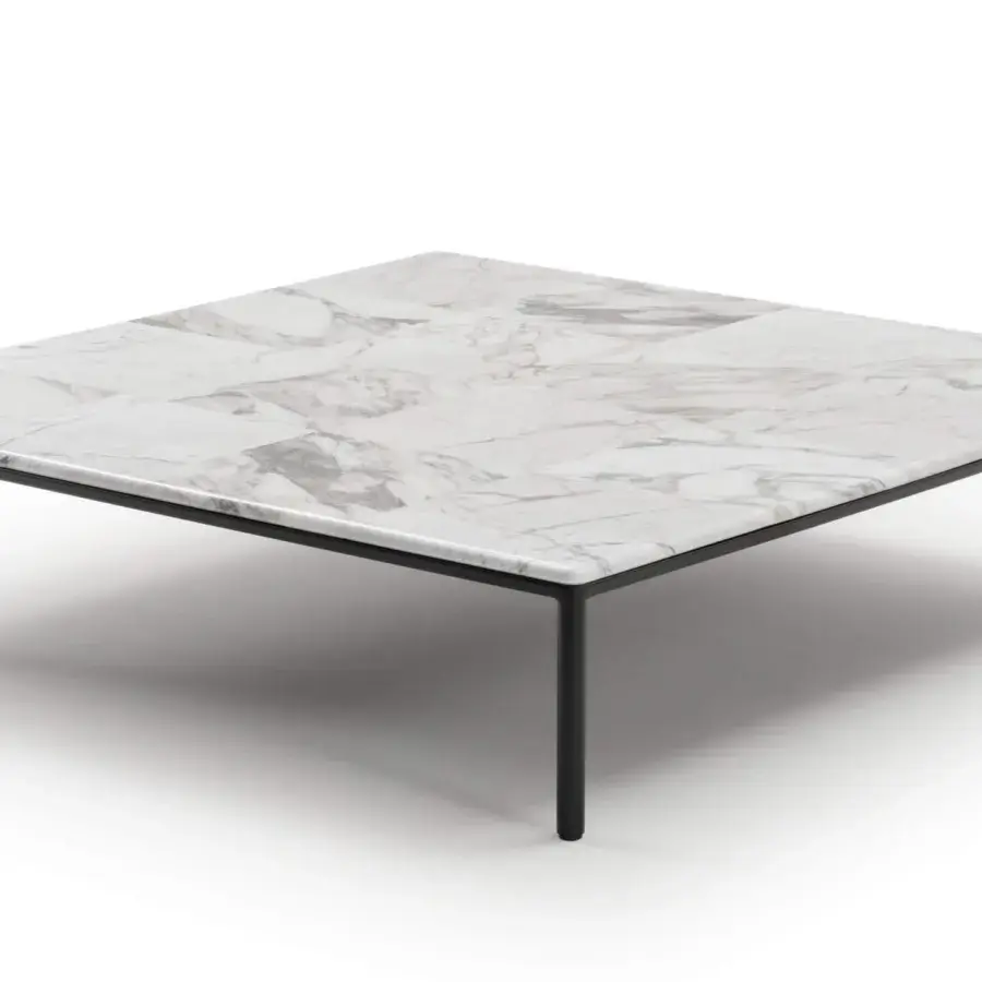 Exceptional Turri Ratio coffee table with a matte black metal structure and patchwork white marble top exhibiting gray veining