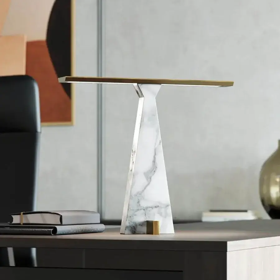 Superior Italamp Traccia table lamp with white marble and brushed light gold metal accents offers a sleek silhouette