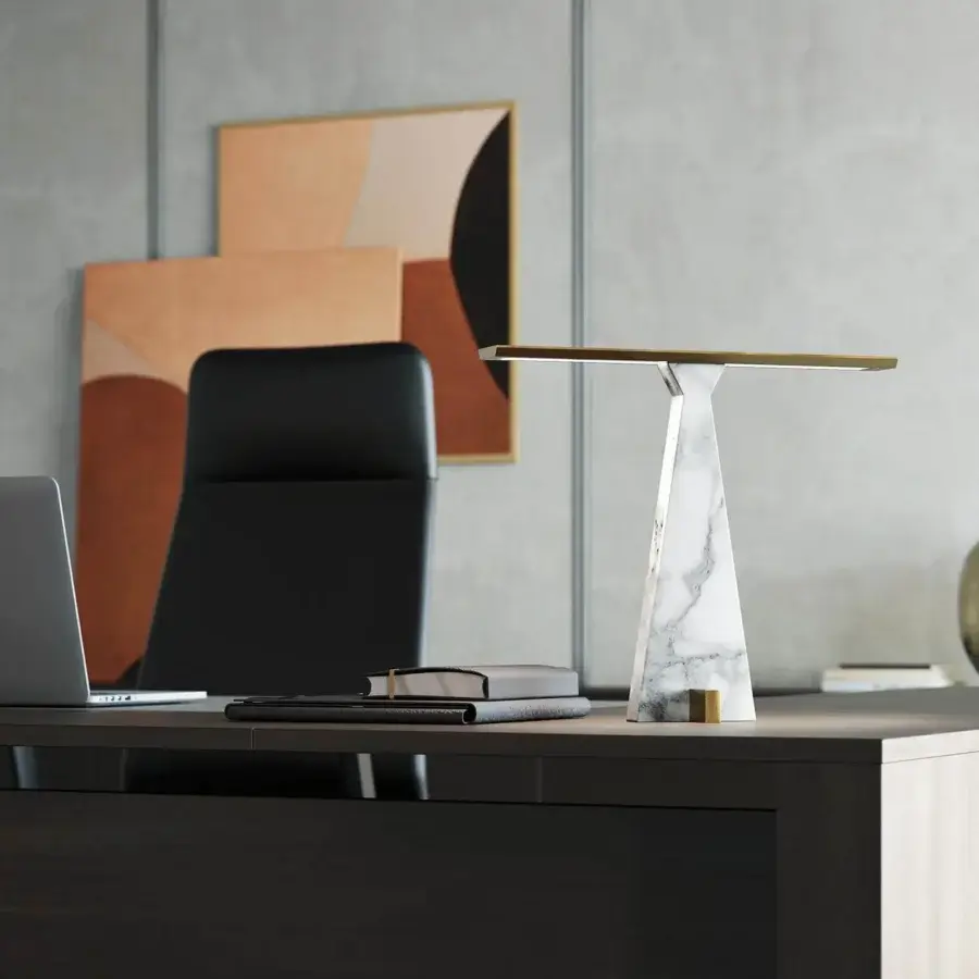 Captivating Italamp Traccia table lamp with a marble-patterned base and brushed light gold metal structure crafted in Italy